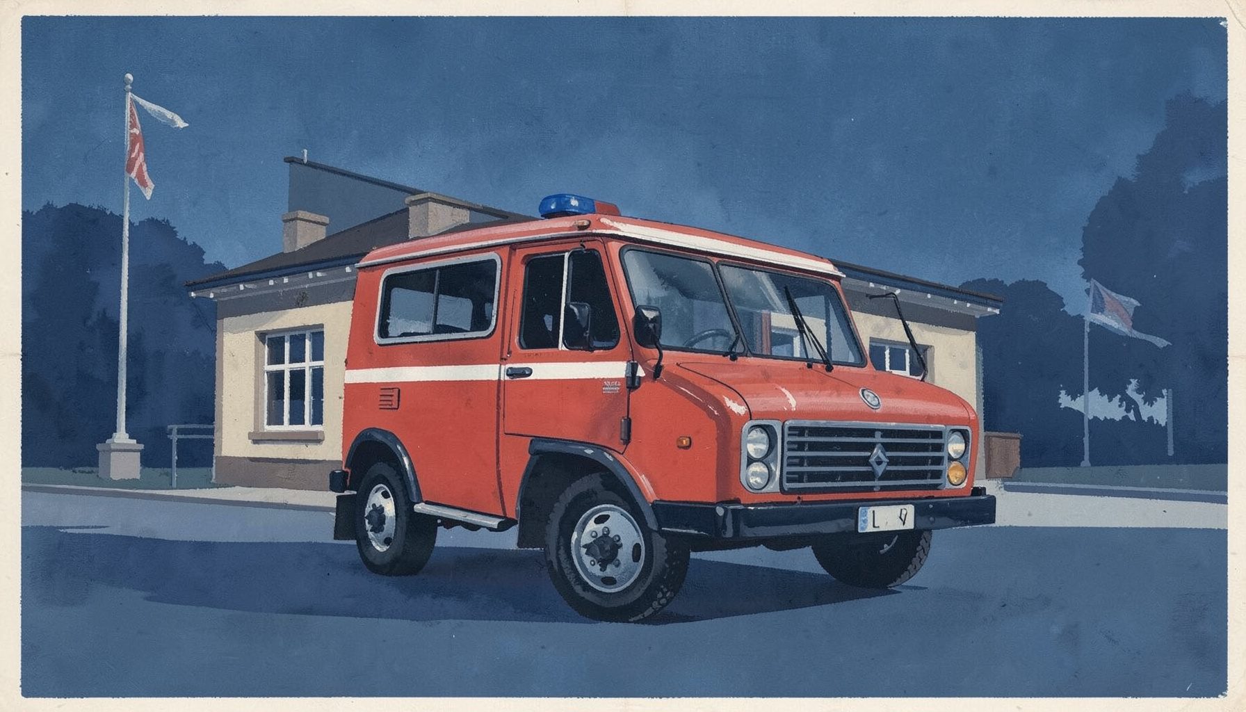 Peinture gouache mate d'un véhicule de secours rouge et blanc stationné devant une caserne, ciel gris-bleu, ambiance sobre et professionnelle.